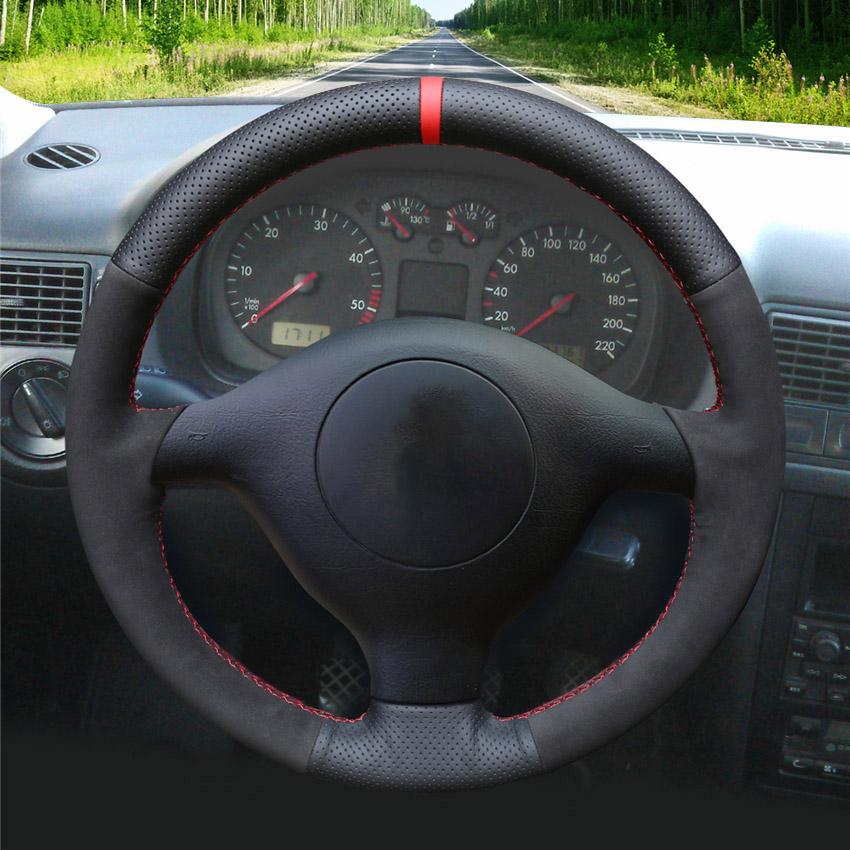 Изображение товара: LQTENLEO, черная замшевая кожа, искусственная кожа для Volkswagen VW чехол рулевого колеса автомобиля Leon MK1 1998-2005, Skoda Fabia 1 2004-2005