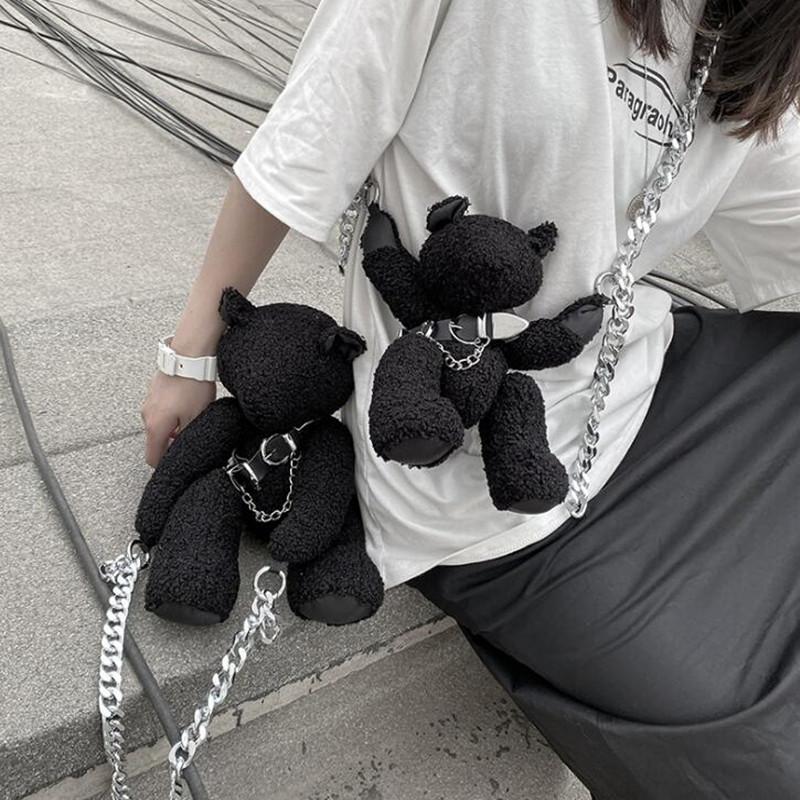 Изображение товара: Женская шерстяная сумка через плечо, маленькая сумочка с изображением рок-медведя, на цепочке
