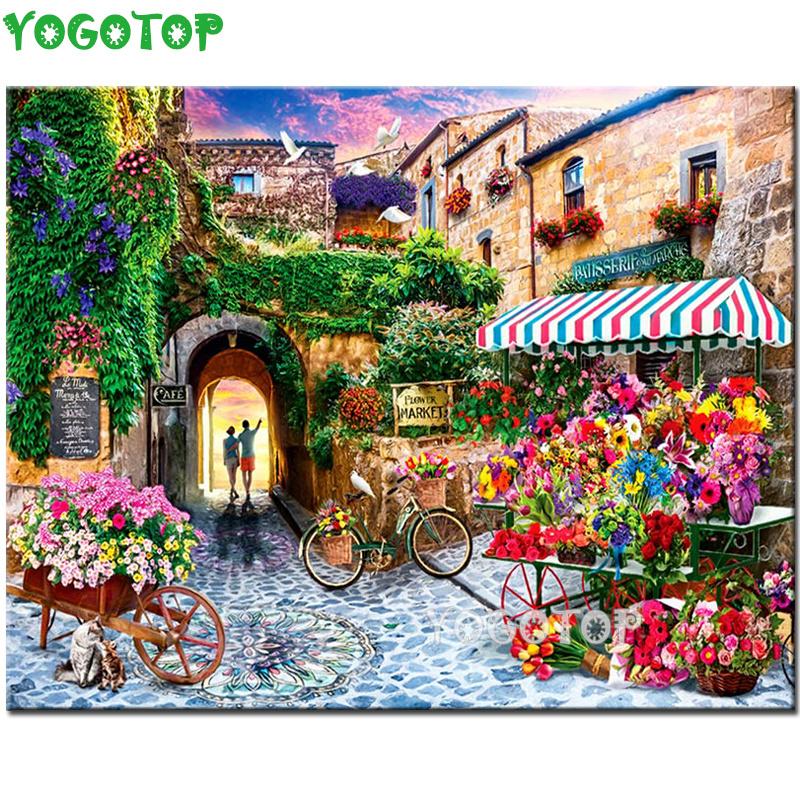 Изображение товара: Алмазная 5D живопись «сделай сам», цветок, велосипед, уличный цветок, круглая квадратная Алмазная вышивка, мозаика, настенное искусство, пейзаж YY4570