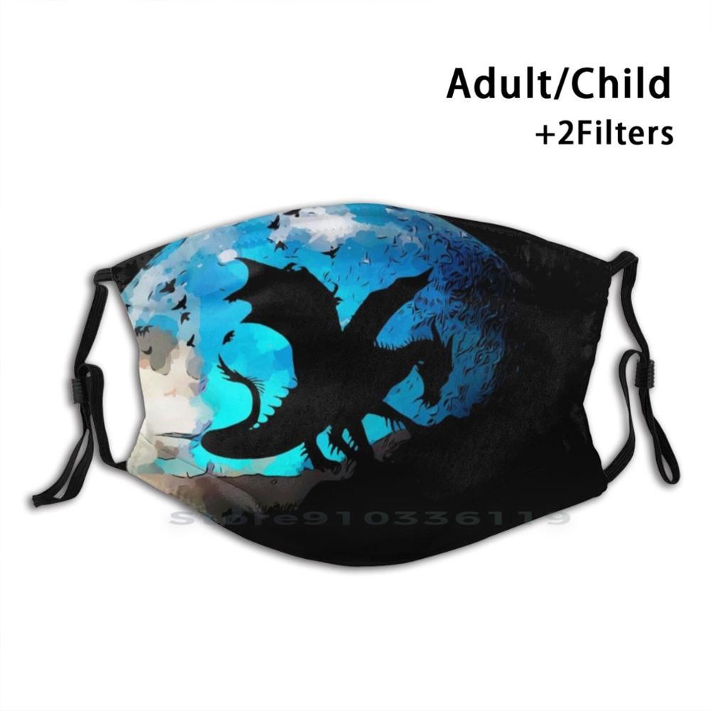 Изображение товара: Многоразовая маска для рта с фильтром Pm2.5 для детей, маска дракон, луна, птицы, планеты, фантазия, небо, ночь, мистический магический пейзаж, дракон, луна, принт