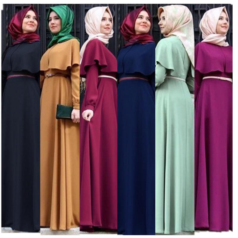 Изображение товара: Платье-трапеция женское длинное мусульманское абайя, платье-кимоно с оборками и большим свободным поясом, марокканский кафтан, мусульманская одежда