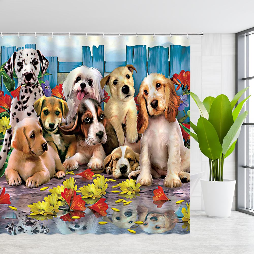 Изображение товара: Милая собачья Штора для душа с забавными животными, для домашних животных, для друзей, для ванной, Декор, ткань, висячая штора, набор с крючками