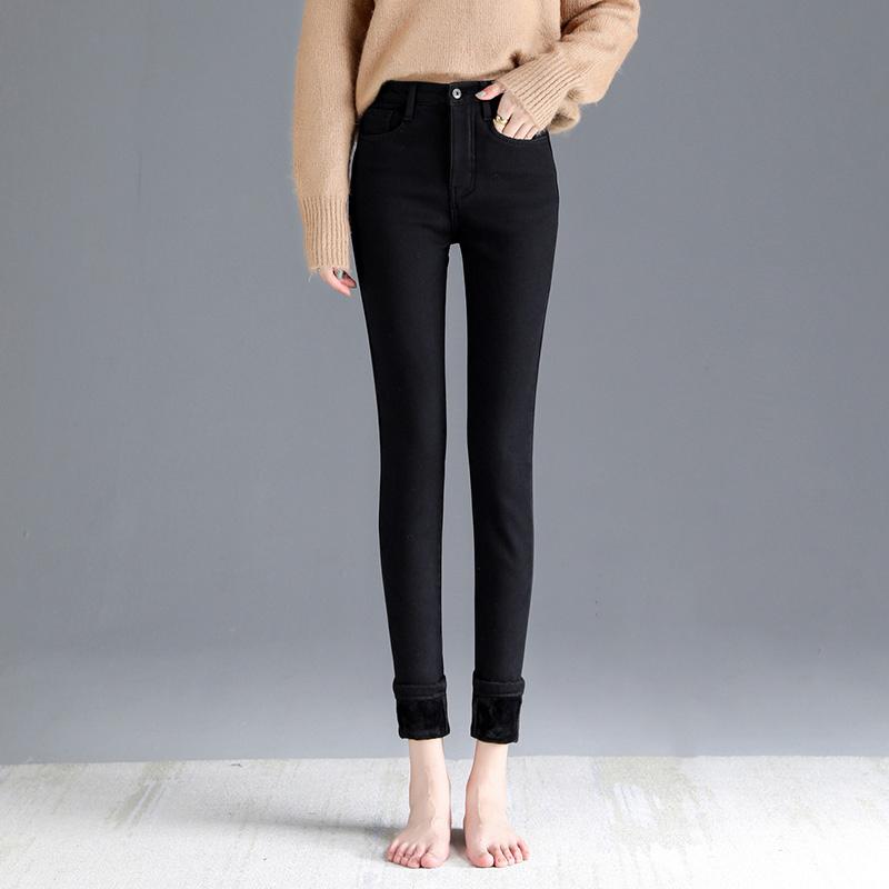 Изображение товара: Зимние толстые бархатные женские обтягивающие джинсы простые флисовые теплые с высокой талией облегающие Стрейчевые Женские повседневные узкие джинсовые брюки