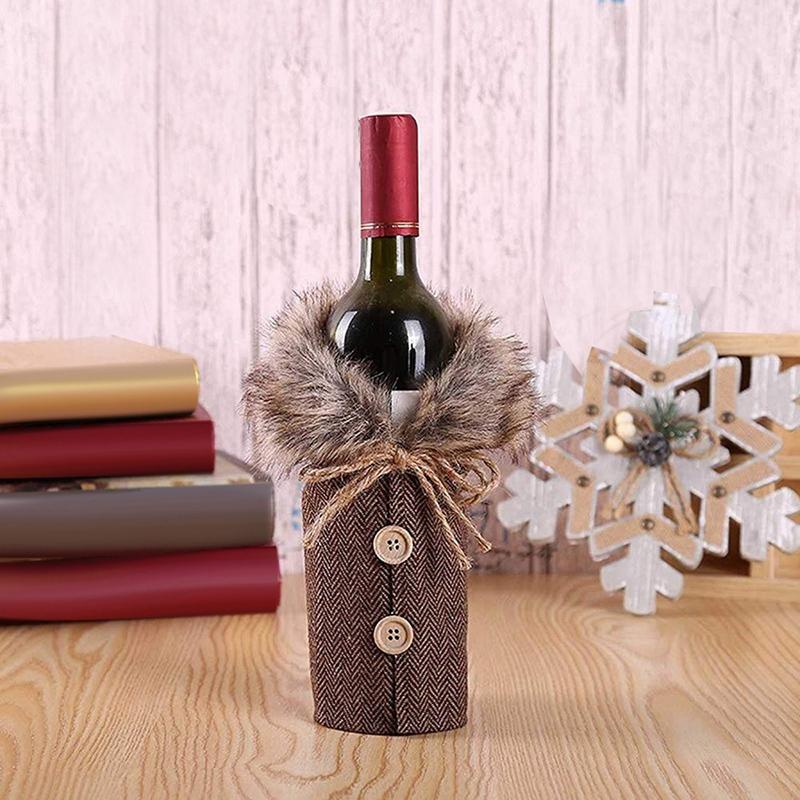 Изображение товара: Рождественский чехол на винную бутылку, 2 шт., воротник и пуговицы, дизайн пальто, наряд для винной бутылки, Рождество свитер на бутылку