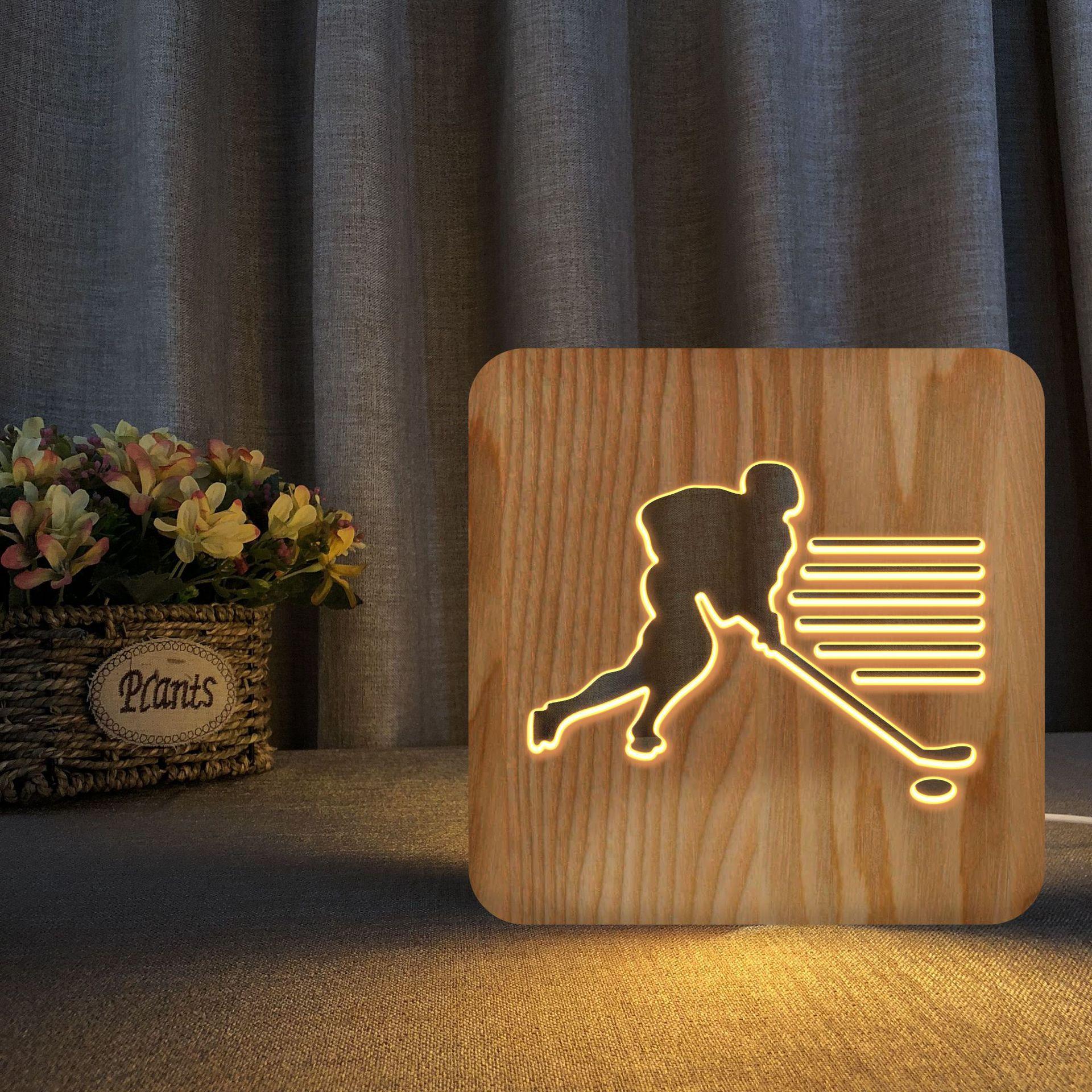 Изображение товара: Спортивная 3d деревянная лампа для хоккея с шайбой, светодиодная настольная лампа из массива дерева, ночник для детской спальни, освещение для сна, креативные подарки