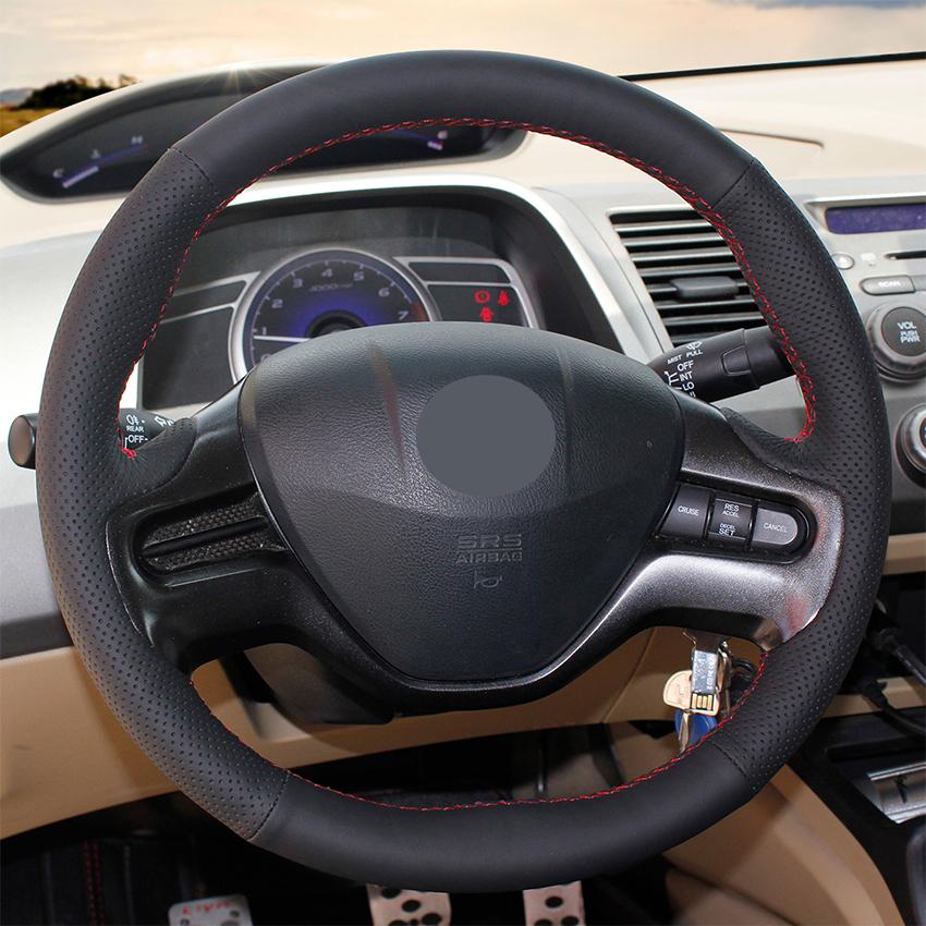 Изображение товара: Прошитая вручную черная искусственная кожа, противоскользящая искусственная кожа для Honda Civic 8 2006-2008 (2 спицы)