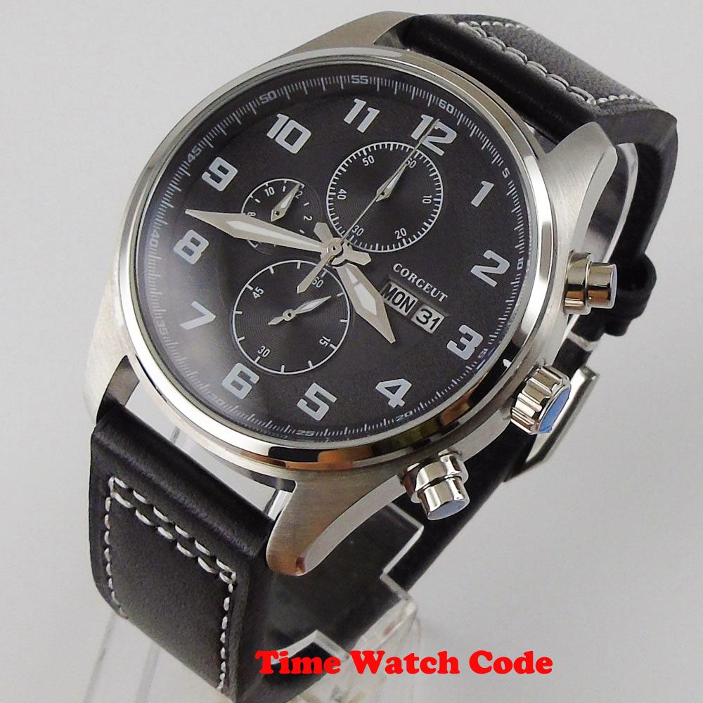 Изображение товара: Corgeut 42mm Quartz Movement Men's Wristwatch Chronograph Week Date display Stop watch leather strap black dial calendar