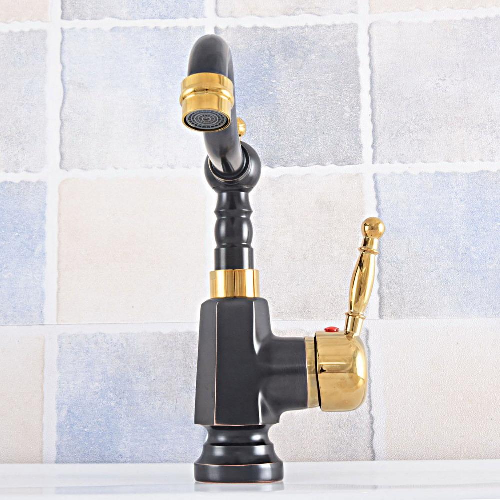 Изображение товара: Масло Ruubed Бронзовый черный и золотой Латунный кран для раковины для ванной комнаты с одним отверстием современный смеситель для раковины с одной ручкой кухонный кран