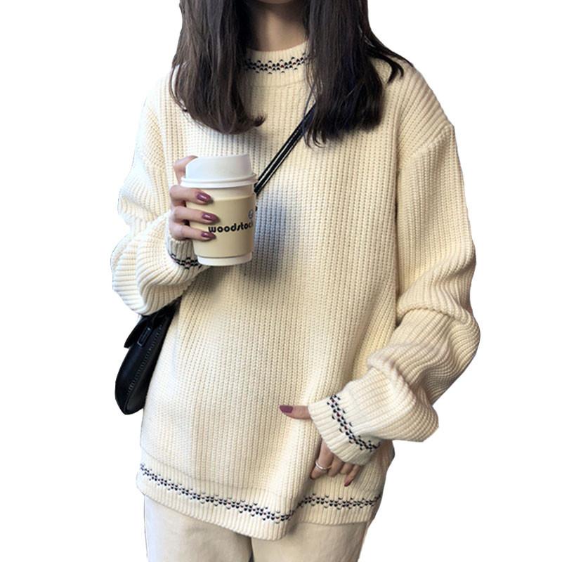 Изображение товара: Женские свитера NIJIUDING, пуловер сезона зима 2020 года, ретро Свободный пуловер с круглым вырезом, женские прямые трикотажные рубашки с длинным рукавом, ленивые Топы