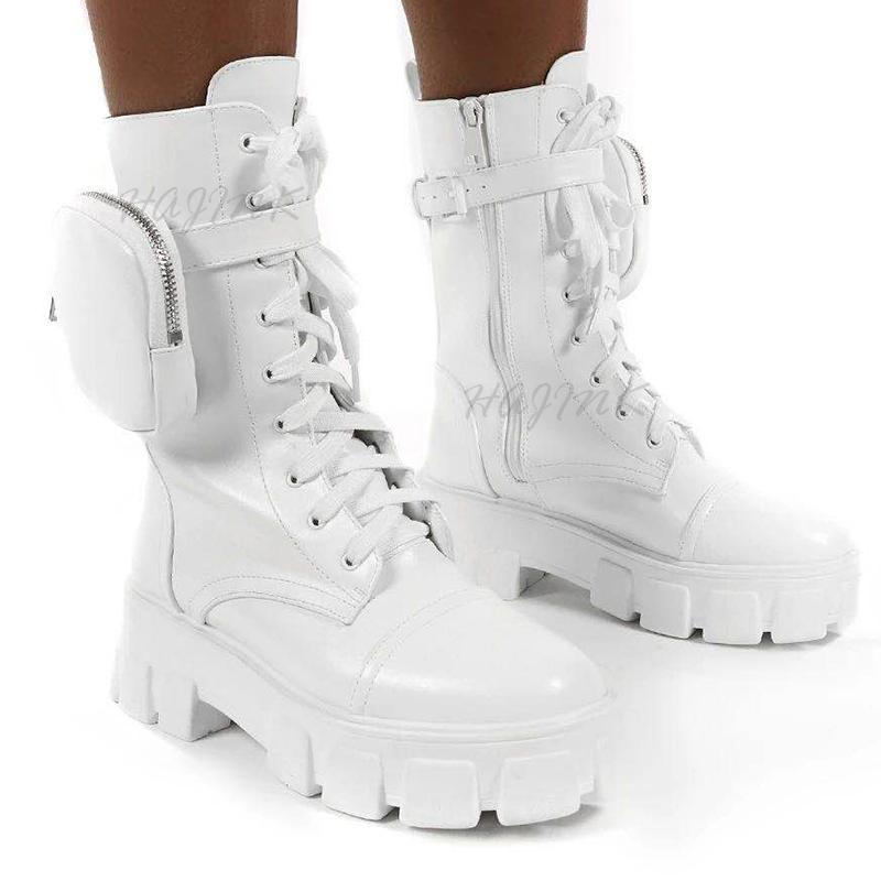 Изображение товара: Женские ботинки на платформе, белые ботинки на массивном каблуке, с карманами, Осень-зима, 2020