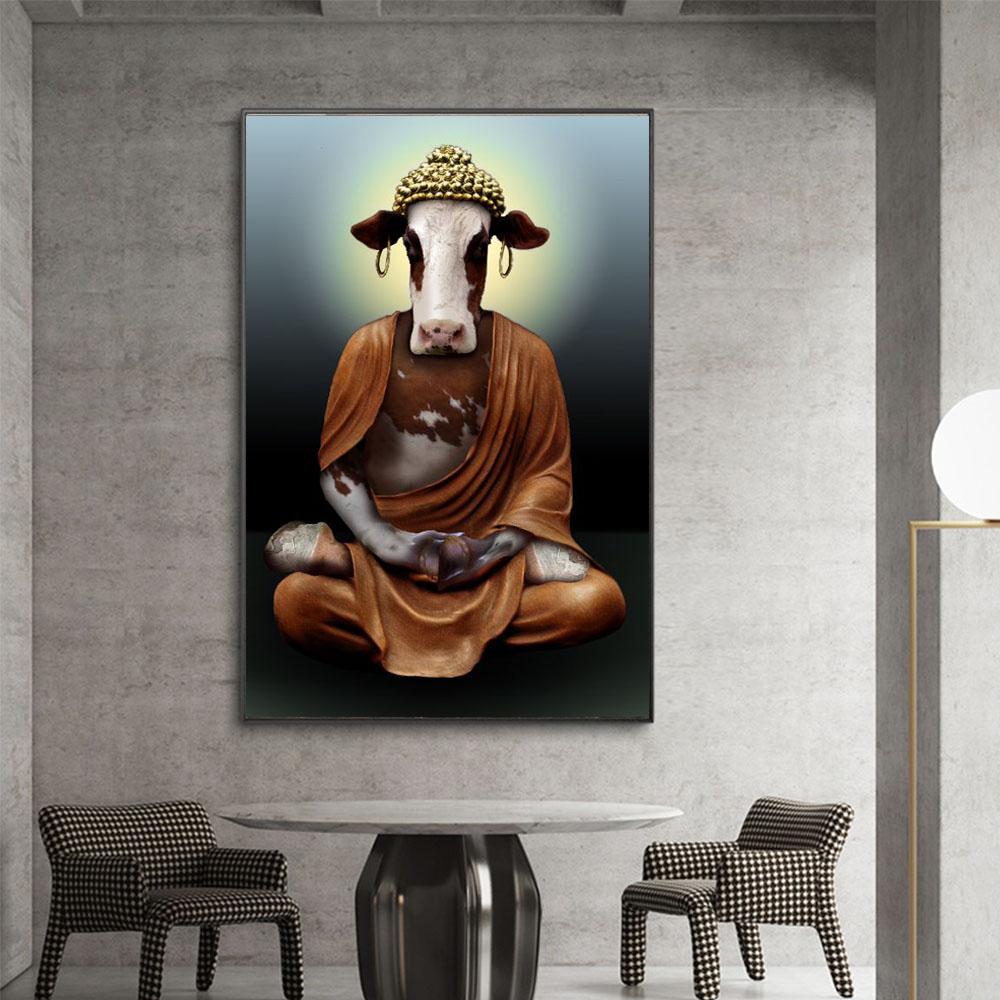 Изображение товара: Картина на холсте буддистская с забавными животными, настенные художественные плакаты с принтом Будды, настенные картины для гостиной, домашний декор