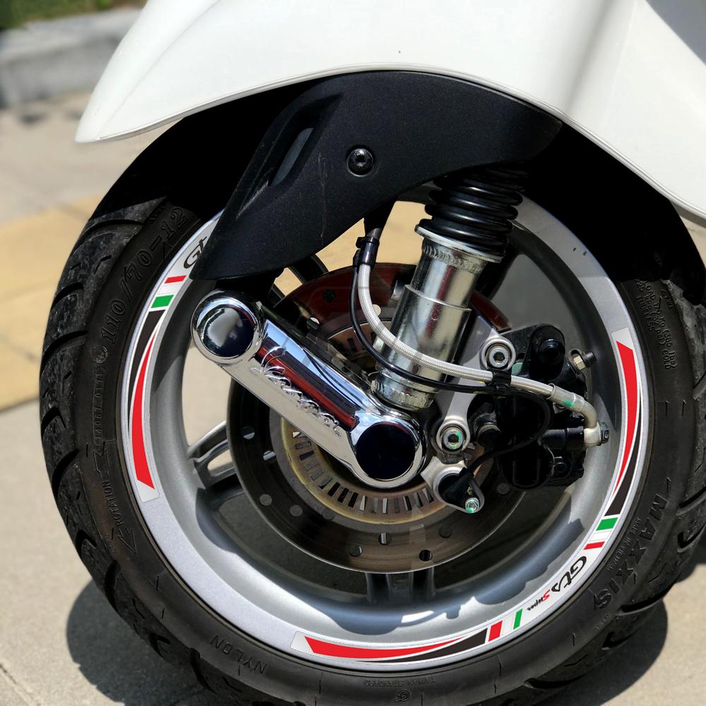 Изображение товара: Комплект светоотражающих наклеек на колесо для скутера, 12 дюймов, чехол для Piaggio Vespa GTS Sprint Primavera 50 150 150S 300 300ie, наклейки на обод