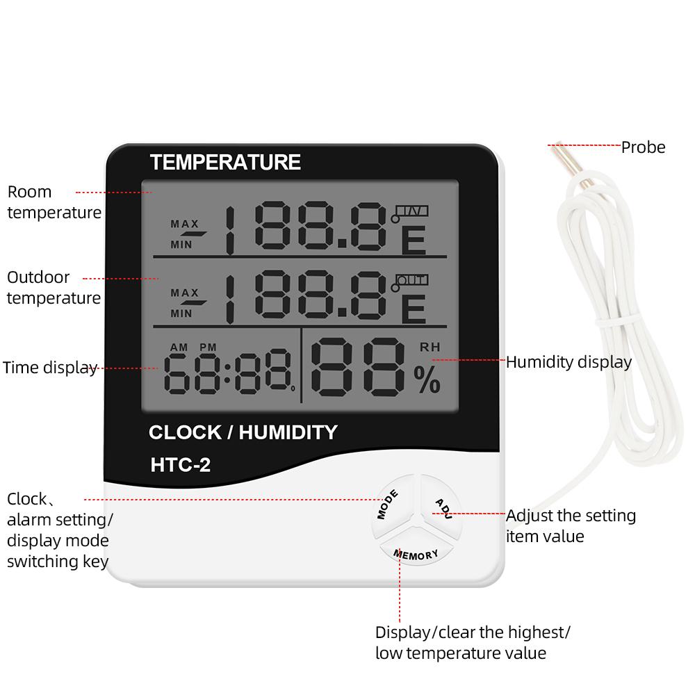 Изображение товара: Цифровой измеритель температуры и влажности, уличная метеостанция с часами и ЖК-дисплеем, термометр, гигрометр, HTC-1 HTC-2