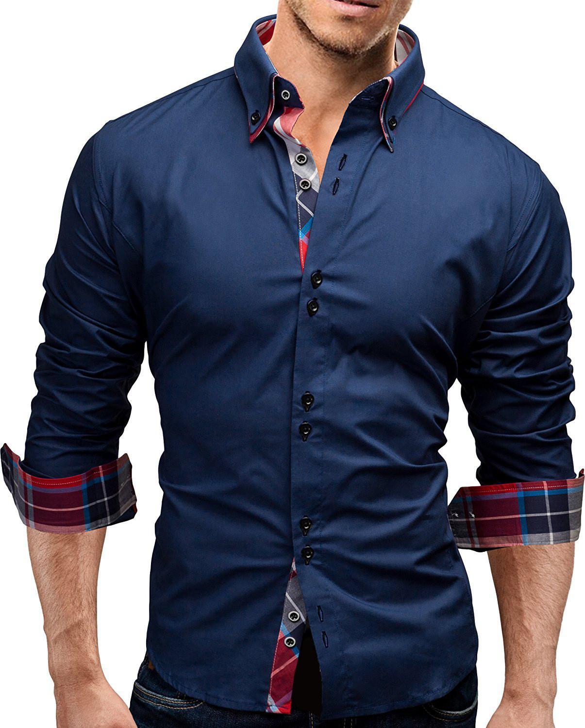 Изображение товара: Мужская рубашка с длинным рукавом и отложным воротником, однобортный клетчатый кардиган в стиле пэчворк, топы, Повседневная тонкая Однотонная рубашка