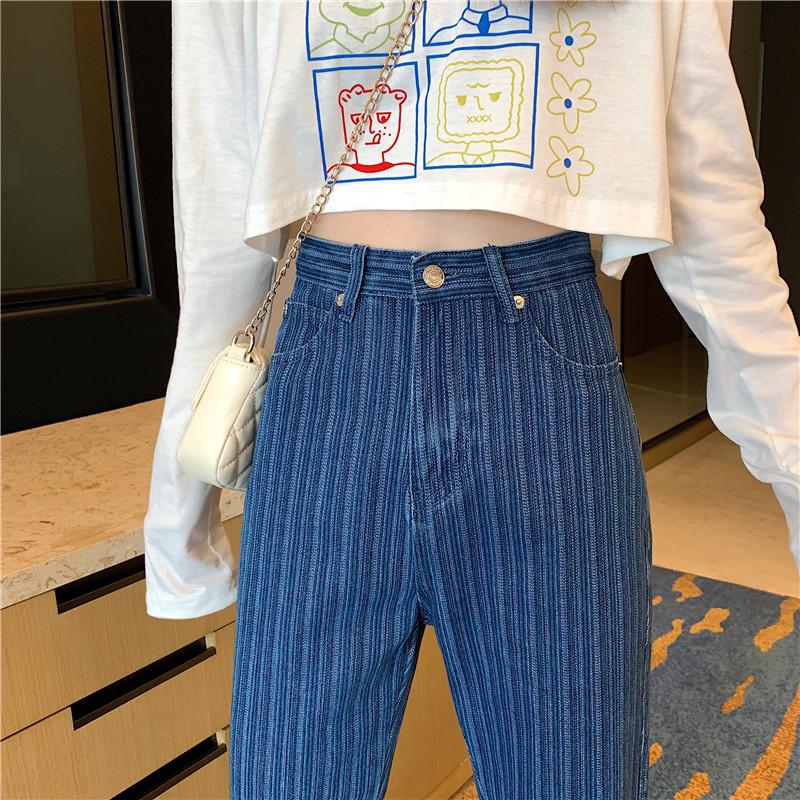 Изображение товара: Женские брюки с высокой талией, полосатые расклешенные джинсы, женская уличная одежда, прямые джинсы, женские синие хлопковые повседневные брюки, женская одежда