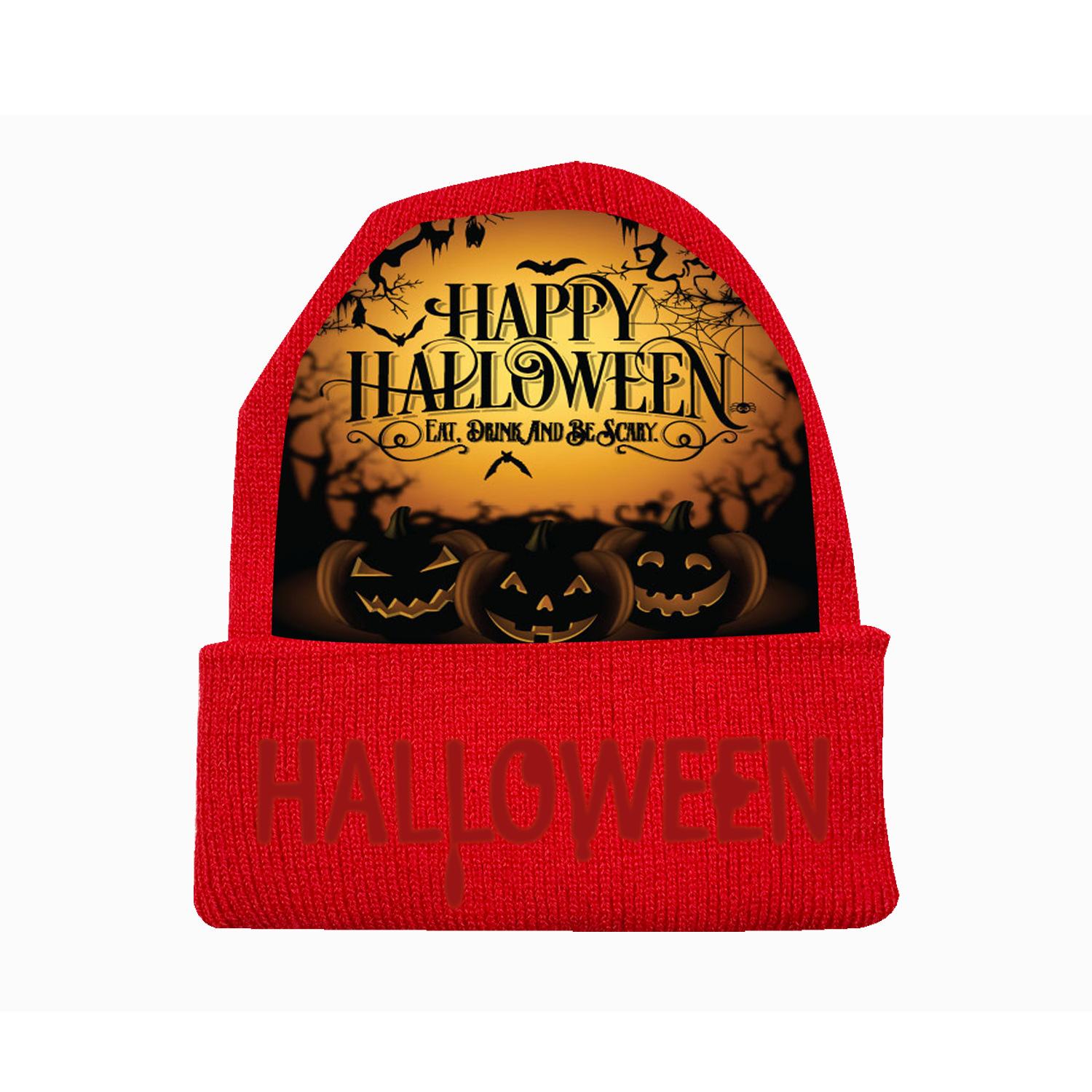 Изображение товара: Осенне-зимние шапки на Хэллоуин для мужчин и женщин, теплые вязаные шапки с принтом для взрослых, можно подгонять
