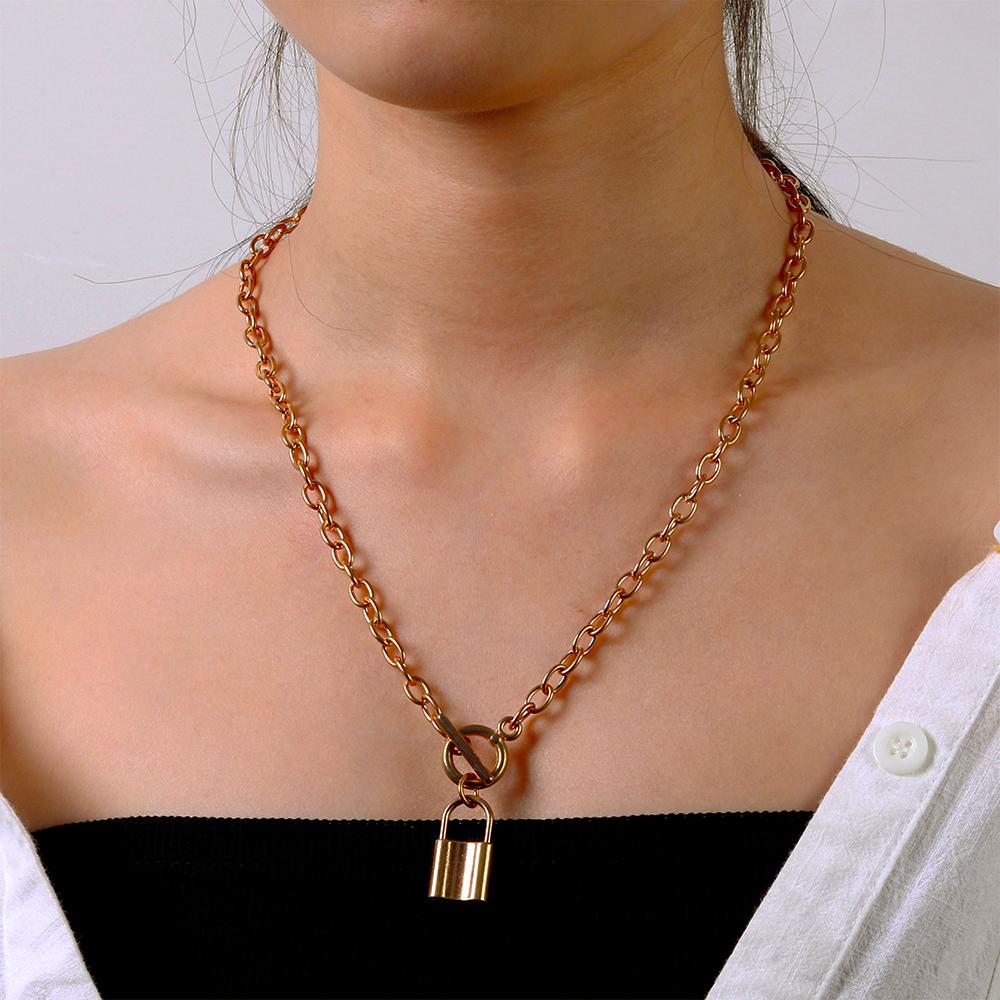 Изображение товара: Ожерелье с подвеской в виде кольца с замком в стиле панк 2020, женская готическая цепочка с толстым геометрическим замком золотого и серебряного цвета, ожерелье-цепочка на воротник, ювелирные изделия