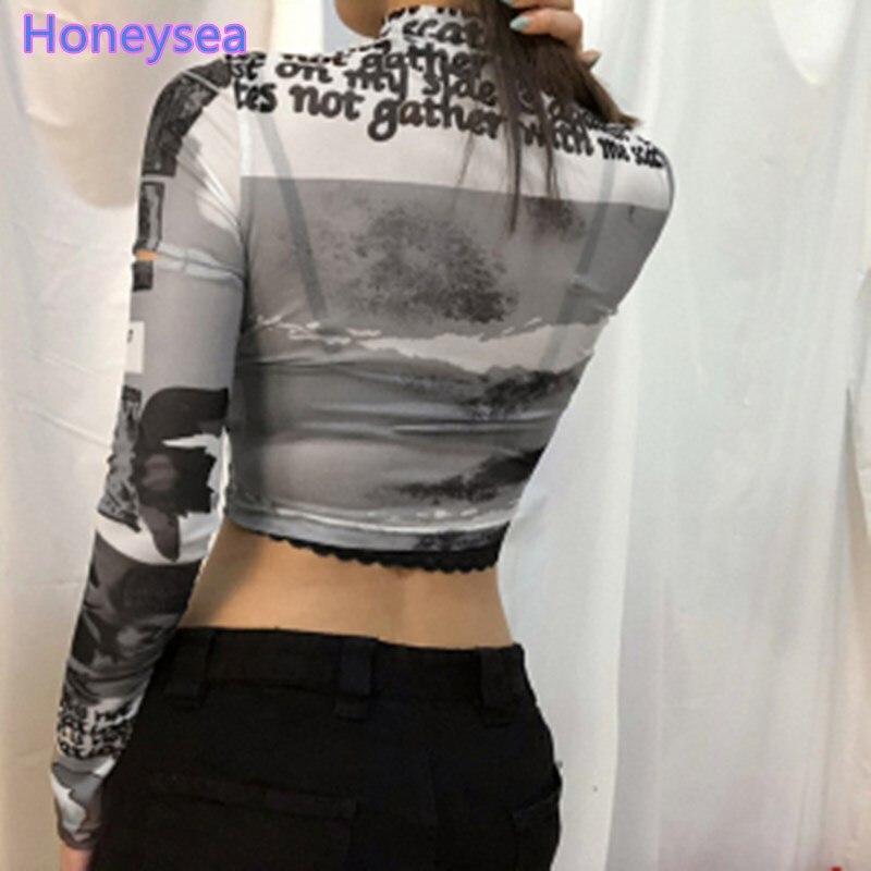 Изображение товара: Женский Прозрачный Топ с длинным рукавом Y2k, сетчатая винтажная одежда с вырезами и кольцами, с буквенным принтом