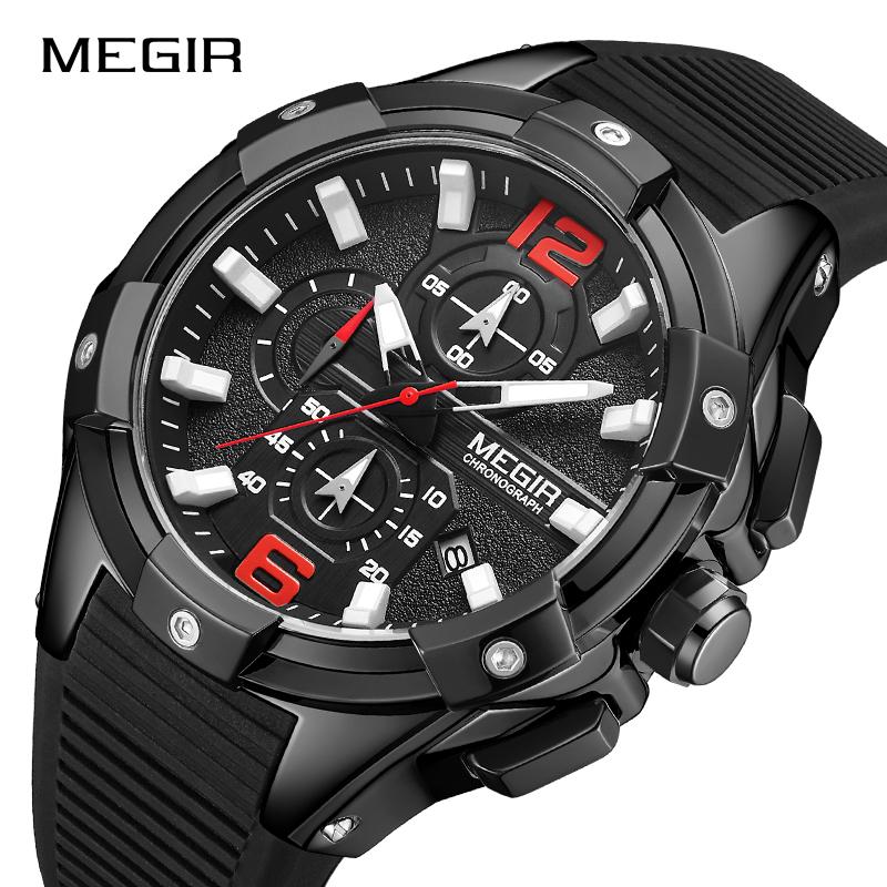 Изображение товара: MEGIR мужские черные кварцевые часы с силиконовым ремешком, спортивные наручные часы с хронографом для мужчин, водонепроницаемые светящиеся часы 2020, новые часы
