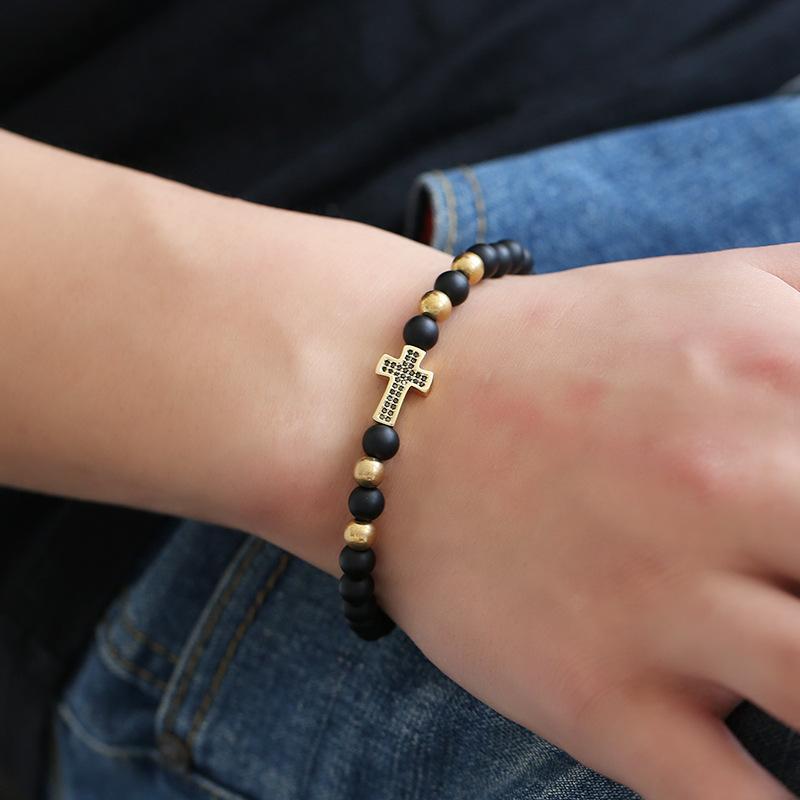 Изображение товара: Модные браслеты из черного скраба, 6 мм, золотой медный крест, многоцветные циркониевые ювелирные изделия унисекс