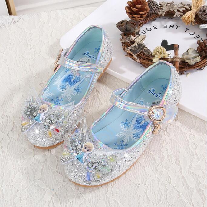 Изображение товара: Детские сандалии принцессы Эльзы, блестящие кожаные туфли для девочек, модные туфли на плоской подошве с бантом для свадебного платья, детские банкетные сандалии