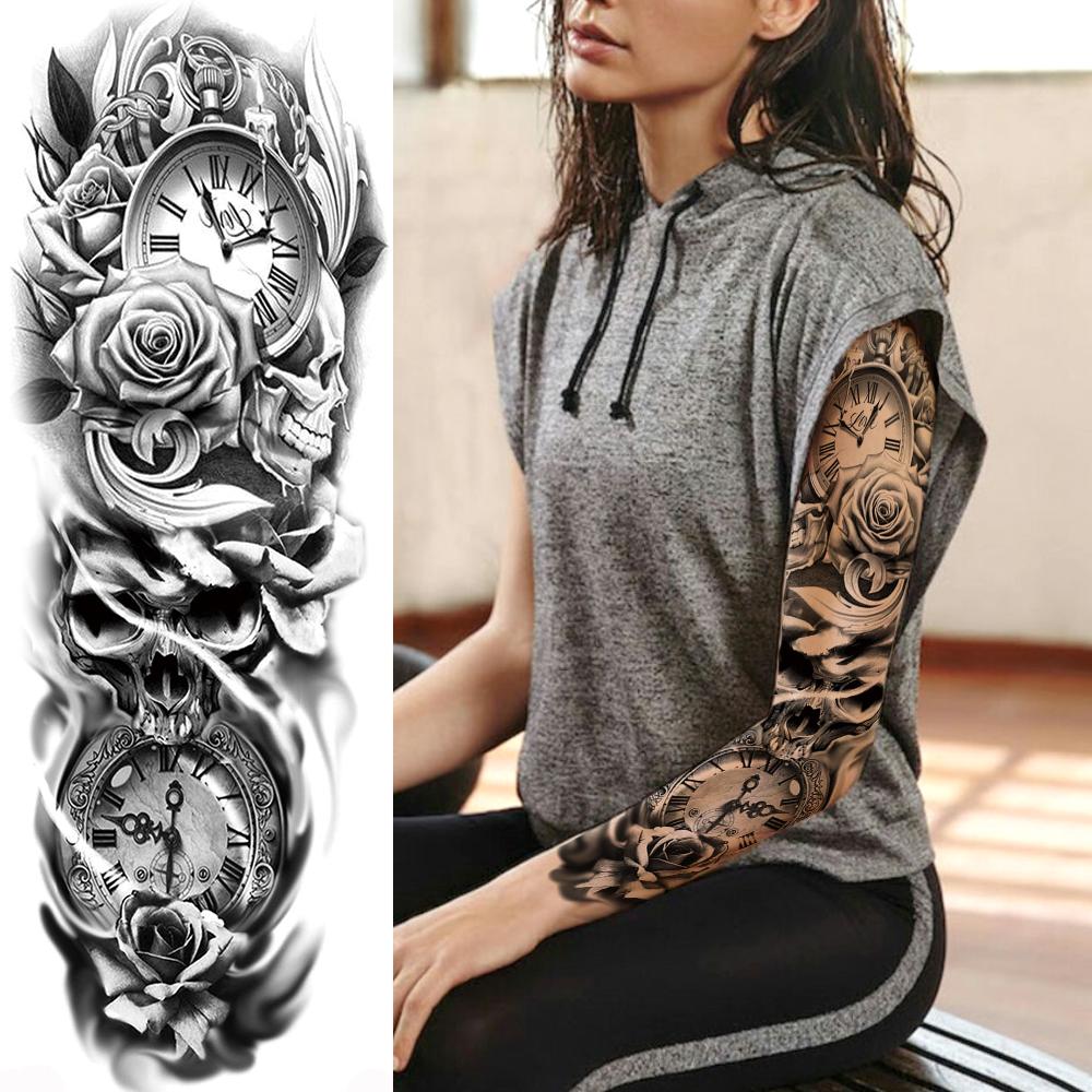 Изображение товара: Полный рукав, временные татуировки для мужчин, женщин, взрослый, поддельный череп, солдат, корабль, татуировка, цветок, воин, самолет, черная татуировка, армия