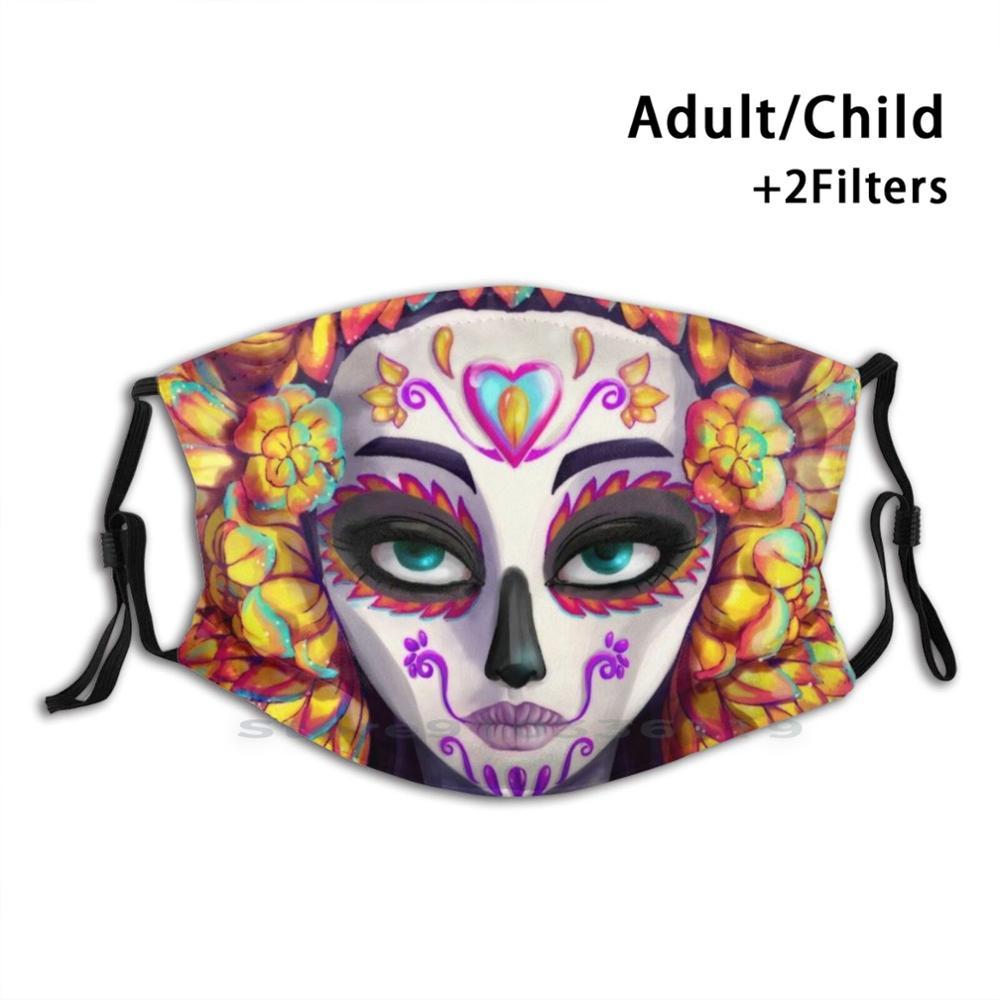 Изображение товара: Многоразовая маска для рта Pm2.5 с цветочным принтом, детская маска для рта «сделай сам», цветы, Череп, сахар, Череп, День мертвых, Мексика