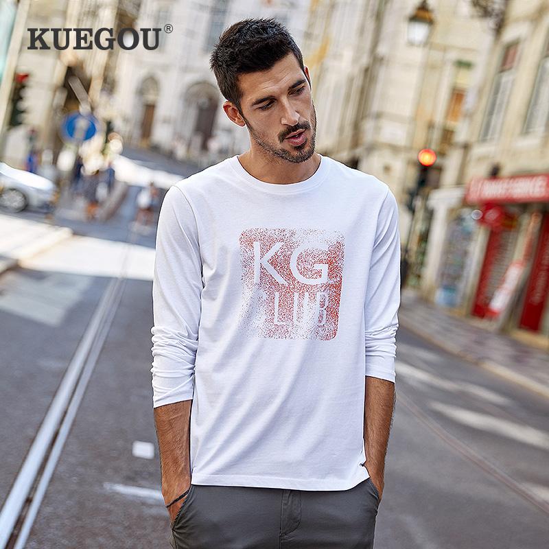Изображение товара: KUEGOU 2022, Весенняя белая футболка из 100% хлопка с принтом, Мужская футболка, брендовая футболка с длинным рукавом, футболка для мужчин, большие размеры, топы 88020