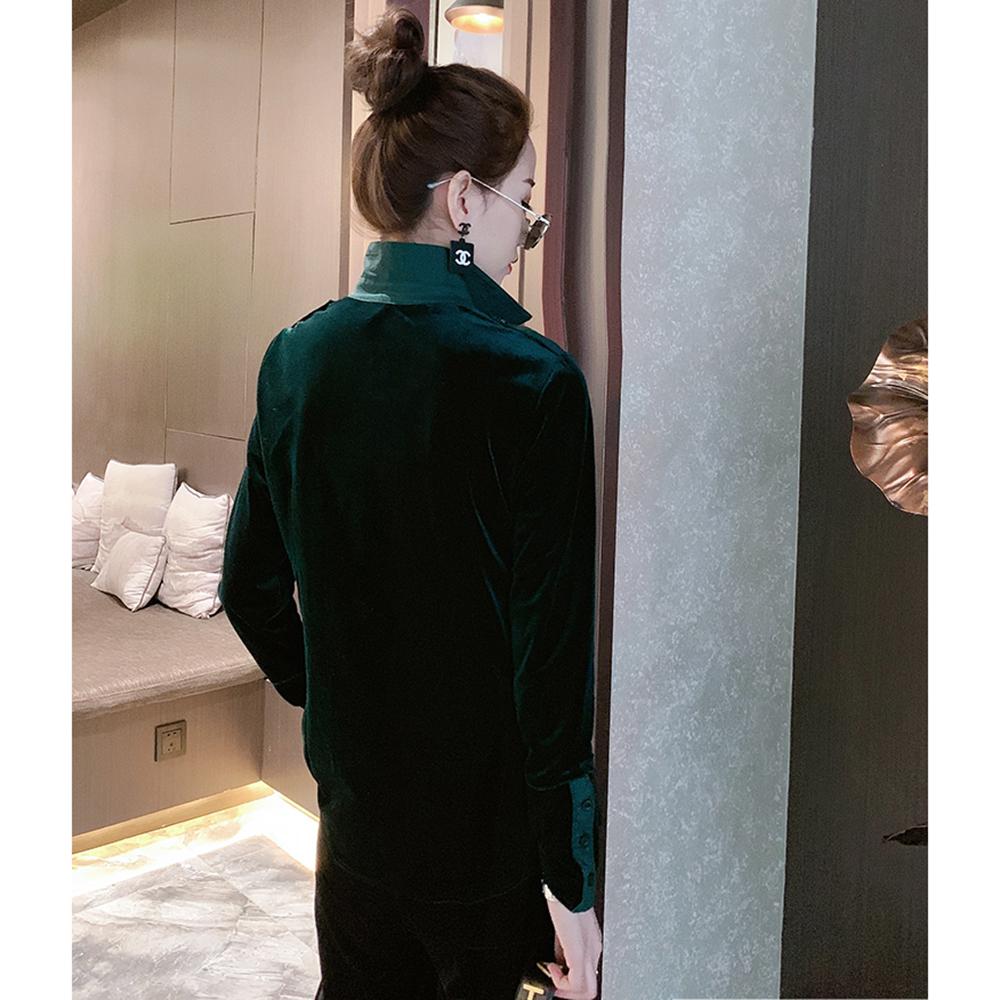 Изображение товара: Осенняя Женская Офисная бархатная блузка YUANYUANJYCO стандартной длины, Лоскутная облегающая женская рубашка с отложным воротником и длинным рукавом
