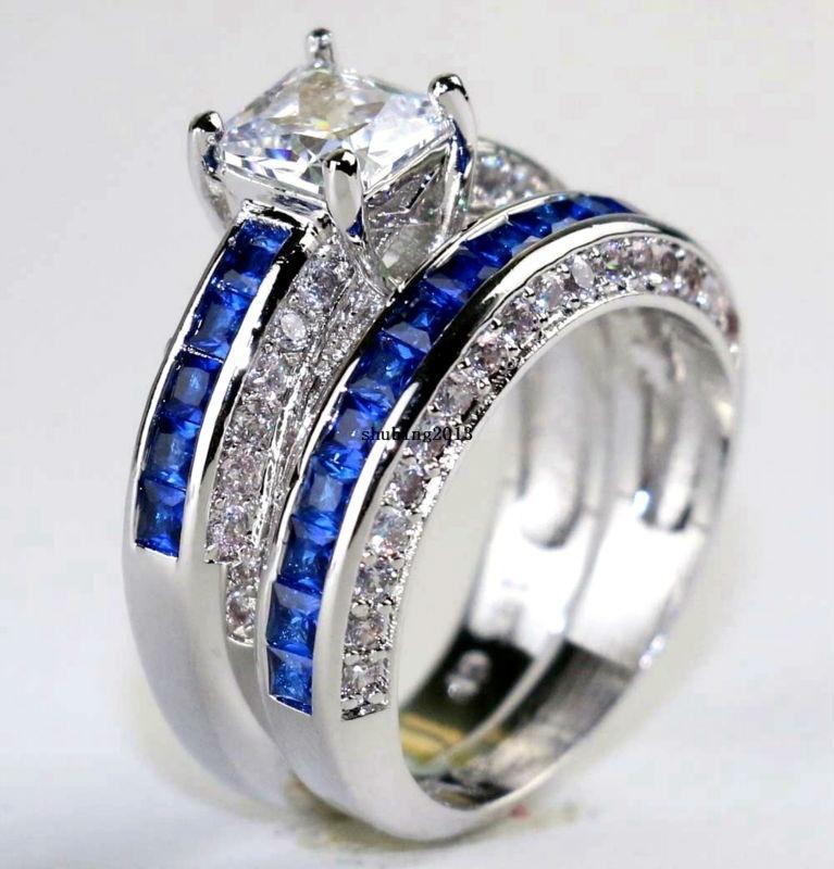 Изображение товара: High Quality Metal Men Ring White Gold Filled Princess Cut Shiny Zircon Inlaid Women Wedding Ring Set