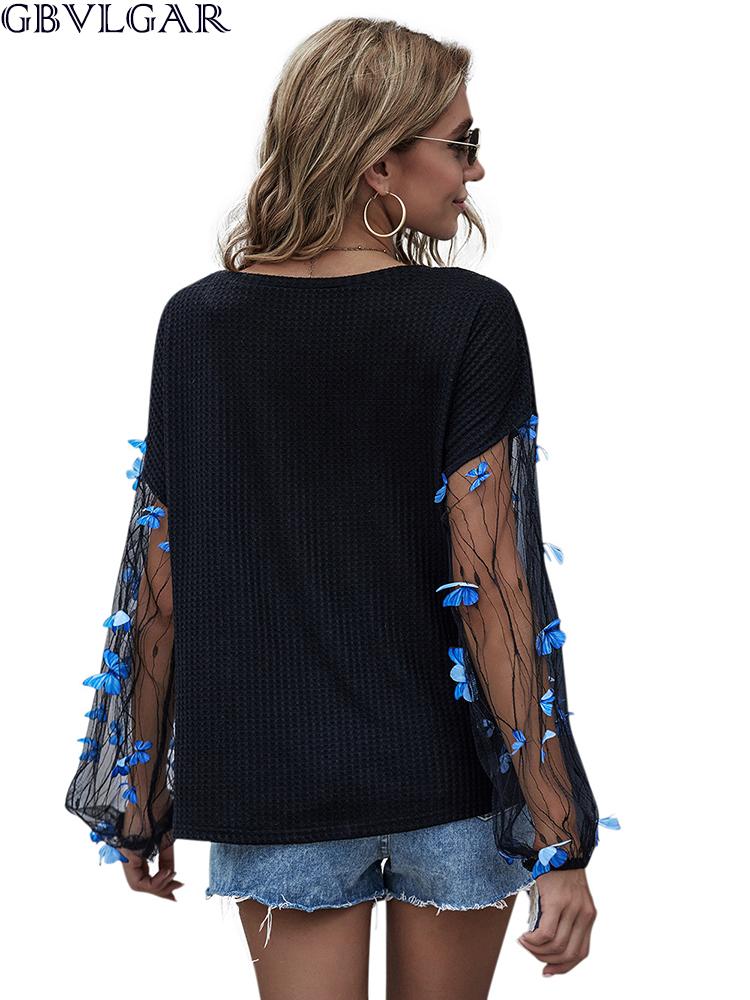 Изображение товара: Женский пуловер, осенняя Повседневная Свободная рубашка, сетчатый пуловер с длинным рукавом-фонариком, элегантный вязаный свитер в рубчик с круглым вырезом, повседневная одежда