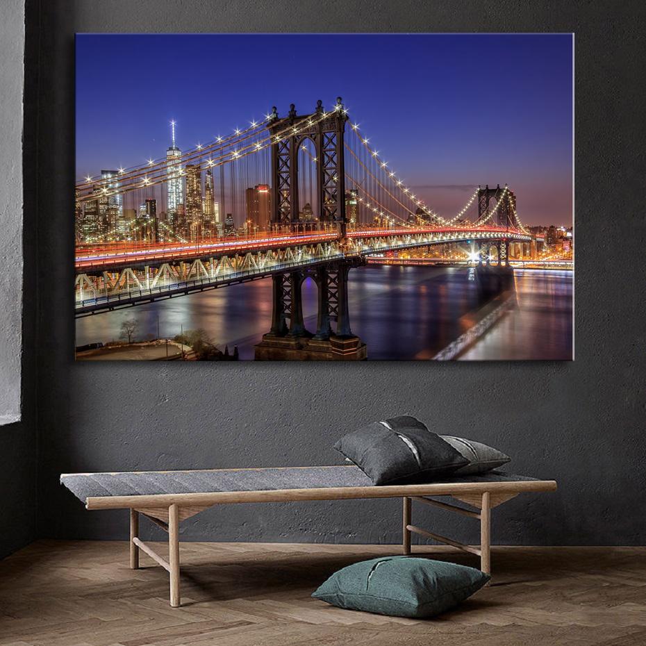 Изображение товара: Картина на холсте с изображением ночного пейзажа Нью-Йорка, Манхэттенского моста, Настенная картина для гостиной