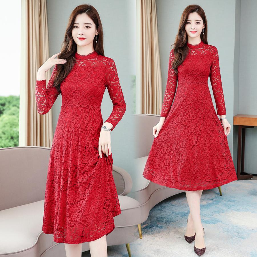 Изображение товара: Женское кружевное платье средней длины, однотонное Красное Облегающее Платье с длинным рукавом, модель 4XL на осень и зиму, 2022