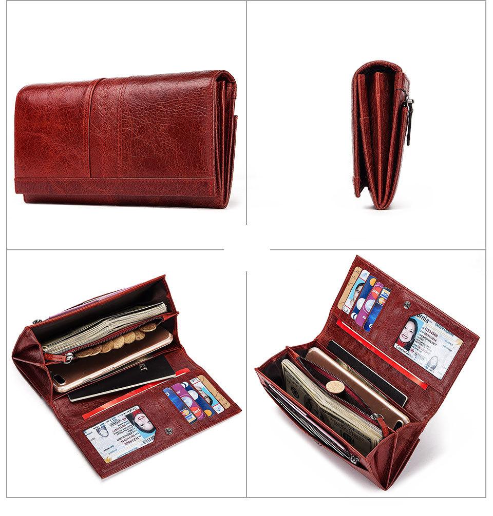 Изображение товара: Длинный кошелек для женщин с блокировкой по рчид, Модный женский бумажник из высококачественной воловьей кожи, мягкий чехол для телефона, кредитница, повседневный кошелек для мелочи