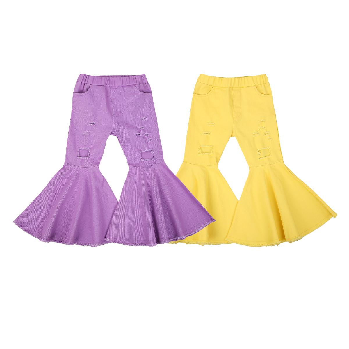 Изображение товара: 2020 осень-весна модные детские однотонные рваные расклешенные брюки с эластичной талией для маленьких девочек детские брюки