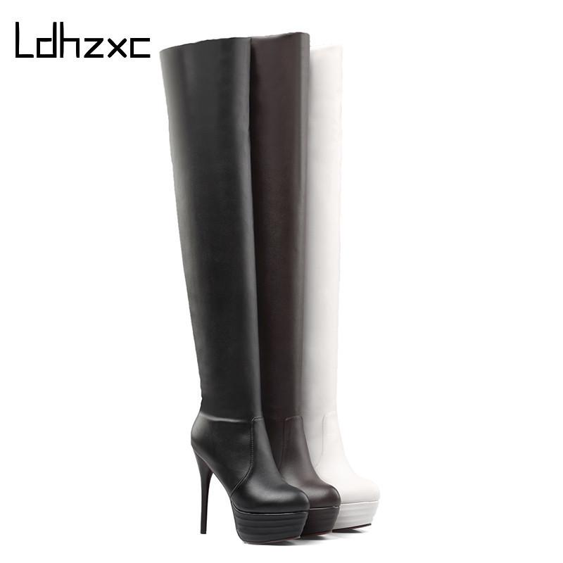 Изображение товара: LDHZXC/2020; Сапоги выше колена; Женская обувь; Зимние сапоги; Женские эластичные сапоги до бедра на платформе и высоком каблуке; Большие размеры 42, 43