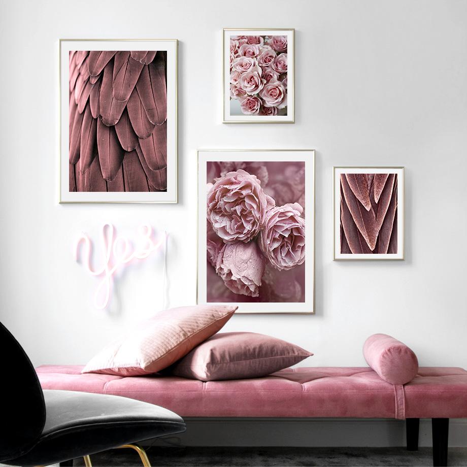 Изображение товара: Скандинавский розовый цветок перо скандинавские принты настенная Картина на холсте Настенный декор картины для постеров эстетический Декор для комнаты