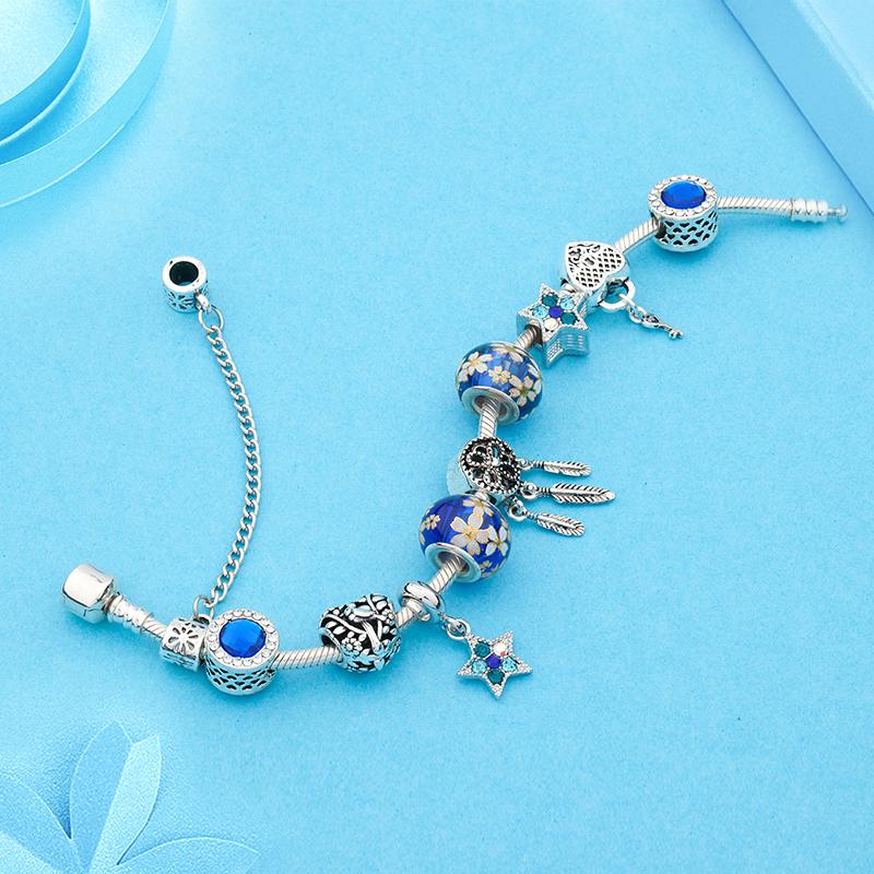 Изображение товара: Серебряный браслет с подвеской в виде Ловца снов с ключом в виде сердца, темный браслет синие Кристальные бусины, браслет с пентаграммой, мужской браслет