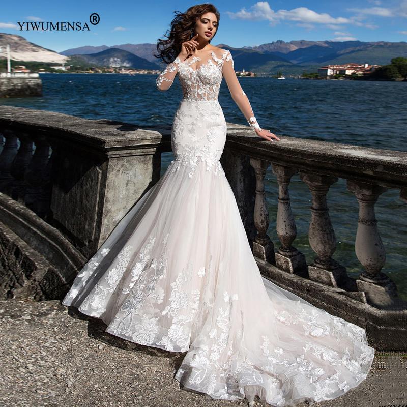 Изображение товара: Женское кружевное платье-Русалка A86, романтическое прозрачное кружевное свадебное платье с длинными рукавами и круглым вырезом, свадебное платье-бохо