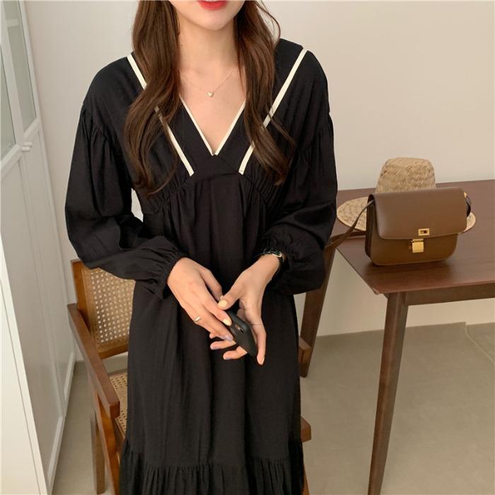 Изображение товара: Платье женское длинное в Корейском стиле, модное дизайнерское повседневное свободное винтажное длинное черное платье с длинным рукавом и V-образным вырезом для ленивых девушек, весна-осень