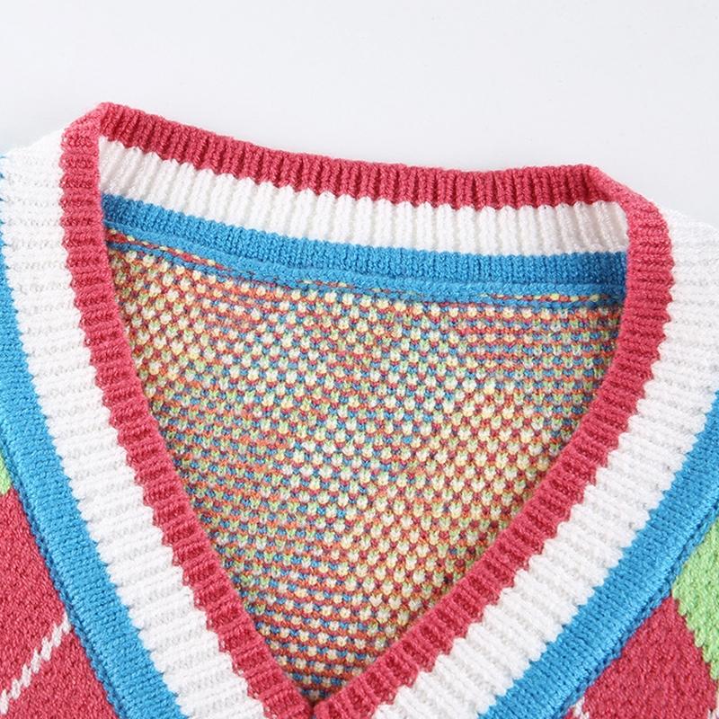 Изображение товара: Женский трикотажный жилет без рукавов в стиле преппи, Радужный разноцветный клетчатый свитер с ромбовидным узором, Свободный пуловер с V-образным вырезом, джемпер, топы