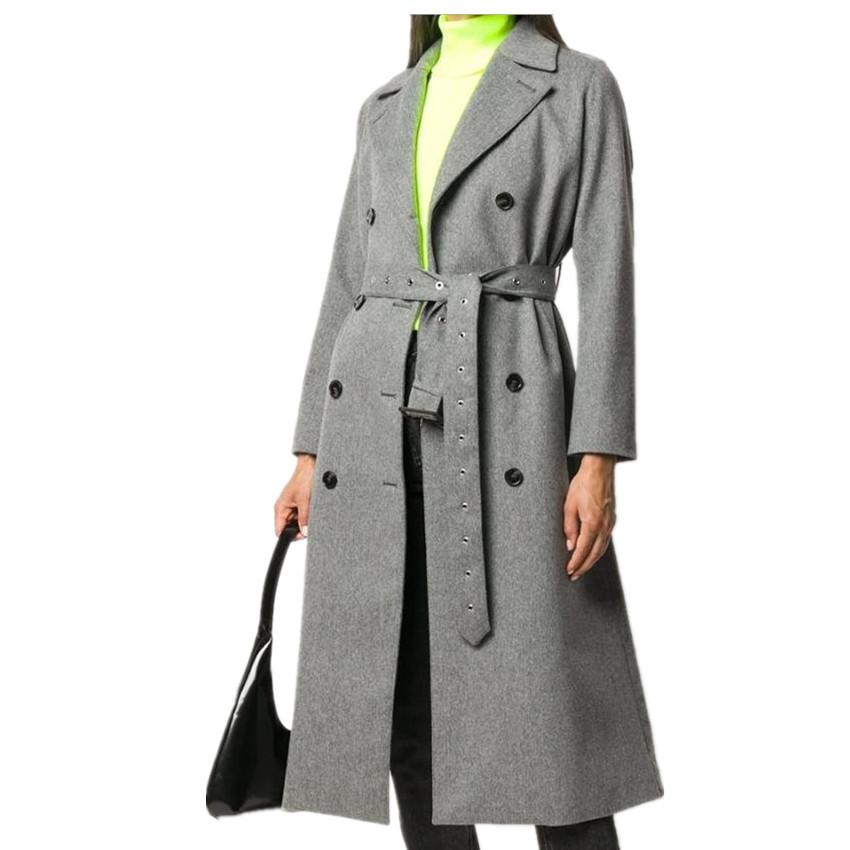 Изображение товара: Зимнее модное двубортное Женское шерстяное пальто, повседневное длинное серое пальто, элегантное женское Шерстяное Пальто