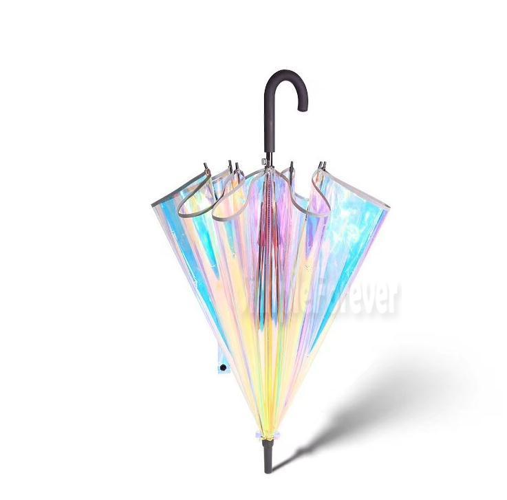 Изображение товара: Лазерный прозрачный зонтик от дождя с длинной ручкой, цветной градиентный голографический зонтик из ПВХ, зонты для путешествий на открытом воздухе