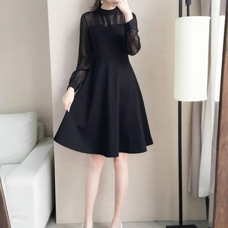 Изображение товара: Женское кружевное платье, черное однотонное элегантное платье с длинным рукавом, 4XL, корейская мода, водолазка, в стиле Харадзюку, размера плюс