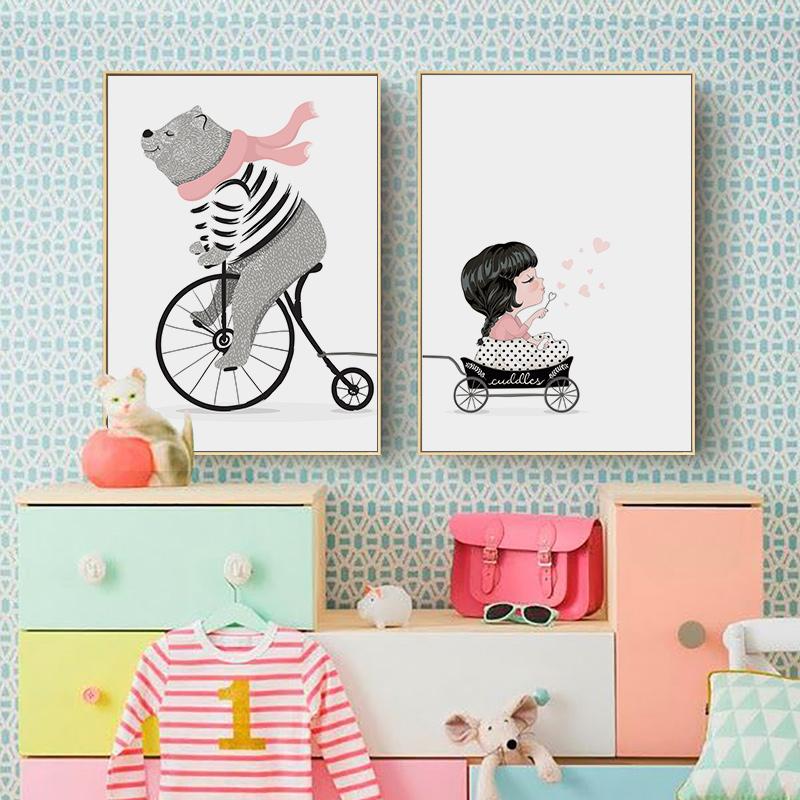 Изображение товара: Езда на велосипеде и медведя на Плакаты для девочек и принты настенные картины для детской комнаты Картина на холсте детская комната Home Decor Печать Живопись