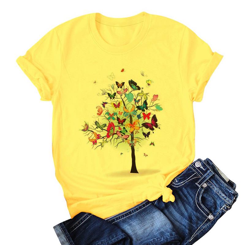 Изображение товара: Желтая Женская футболка, летние модные женские футболки с коротким рукавом и милым рисунком дерева-бабочки, топы, футболка, женская футболка с графическим рисунком