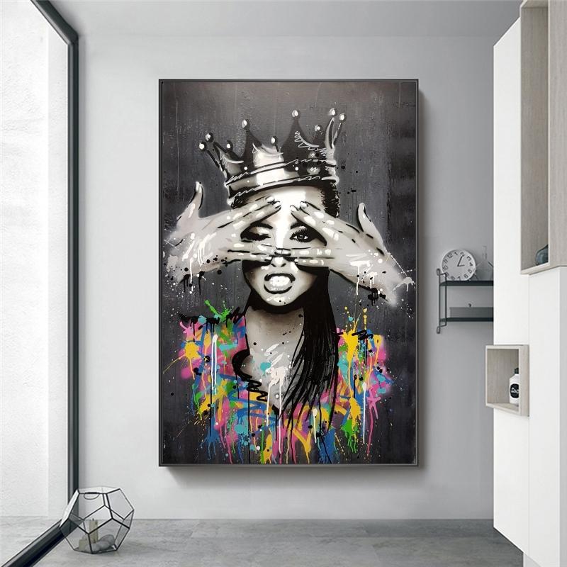 Изображение товара: Граффити искусство абстрактная девушка с короной Холст Плакаты и принты уличное искусство женщина портрет картины стены картины дома