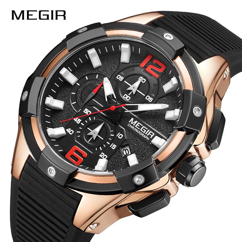 Изображение товара: MEGIR Мужские кварцевые часы с хронографом, светящиеся стрелки, водонепроницаемые спортивные часы, мужские наручные часы с силиконовым ремешком для мужчин, новинка 2020