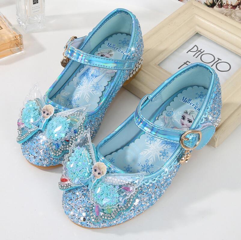 Изображение товара: Туфли Disney для девочек, свадебная обувь, блестящие, на высоком каблуке, детские сандалии принцессы Эльзы, детская модная обувь для танцев и вечеринок с бантом