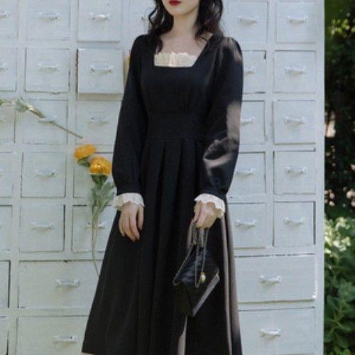 Изображение товара: VOOCIEC осеннее женское сексуальное модное черное платье в стиле Хепберн, похожее простроченное тонкое платье для путешествий с пышными рукавами Mori, длинное платье